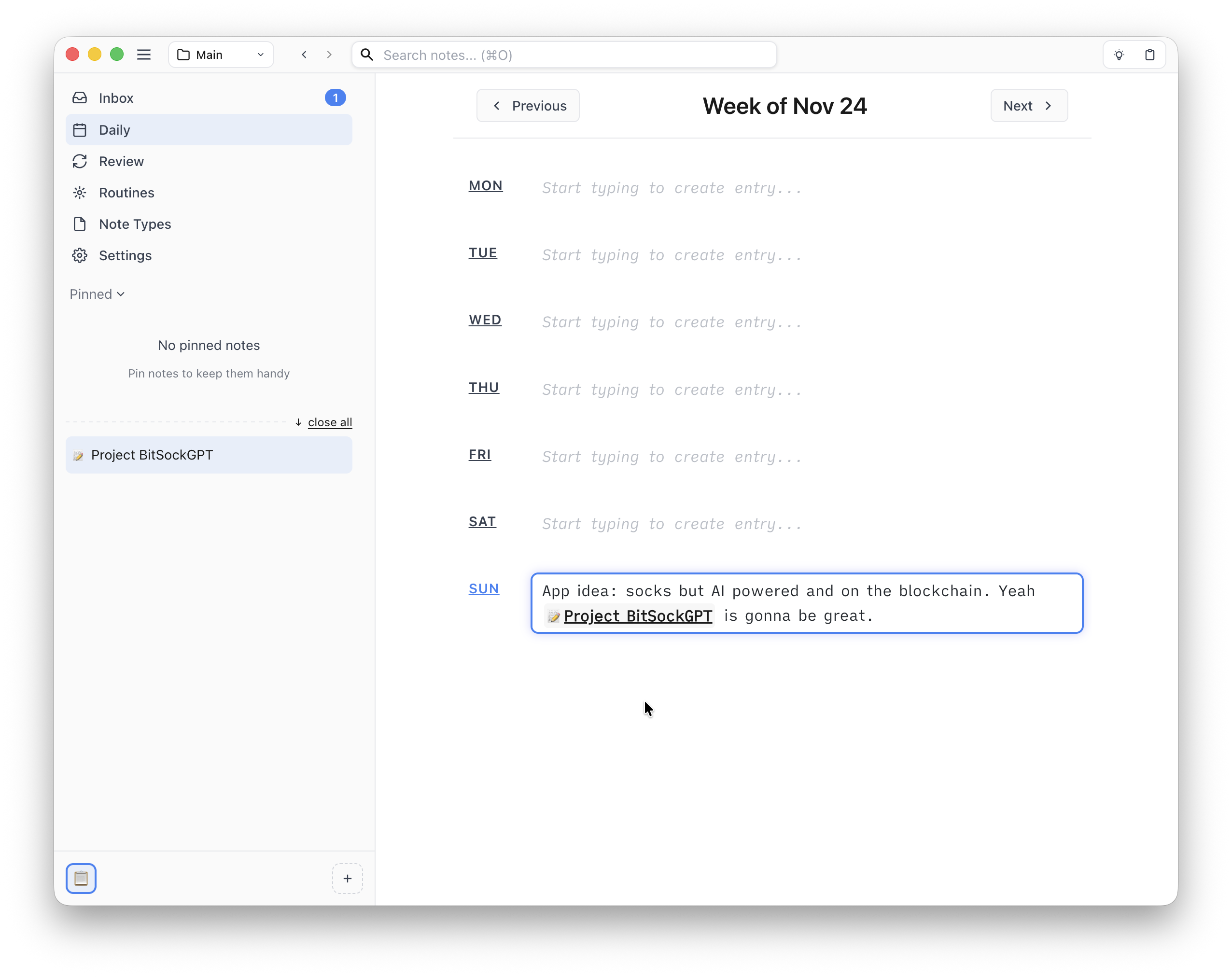 Screenshot showing a new note being created 